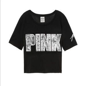 🆕 VS PINK BLACK BLING CROP CREW TEE